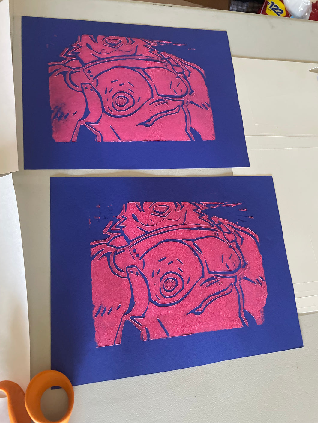 Wolf Chest Linocut - Pink & Blue