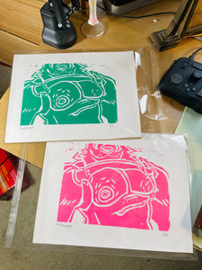 Wolf Chest Linocut - Pink